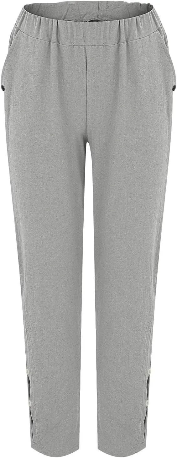 Women's Linen Pants with Pockets Quick Dry Side Hollow Out Cropped Pants Summer Beach Lightweight Elastic Waist Pants