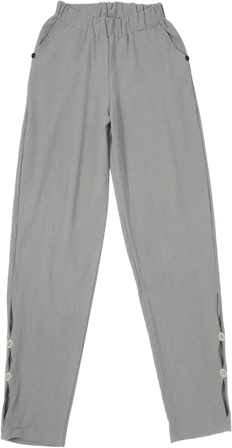 Women's Linen Pants with Pockets Quick Dry Side Hollow Out Cropped Pants Summer Beach Lightweight Elastic Waist Pants