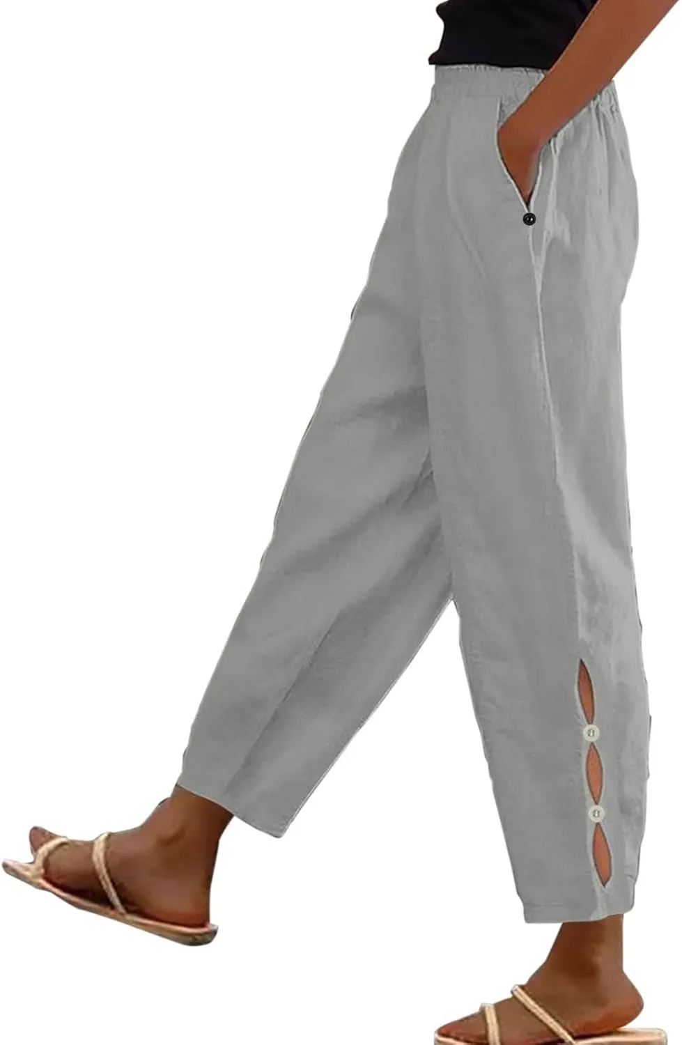 Women's Linen Pants with Pockets Quick Dry Side Hollow Out Cropped Pants Summer Beach Lightweight Elastic Waist Pants
