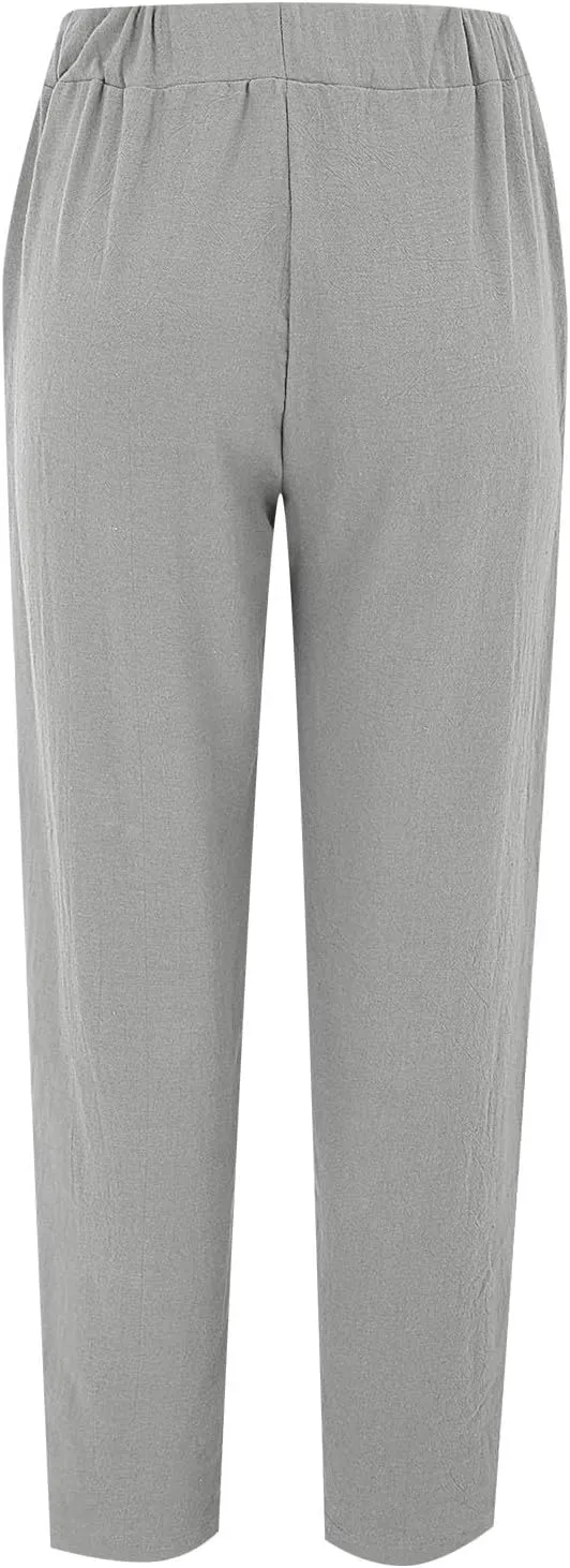 Women's Linen Pants with Pockets Quick Dry Side Hollow Out Cropped Pants Summer Beach Lightweight Elastic Waist Pants