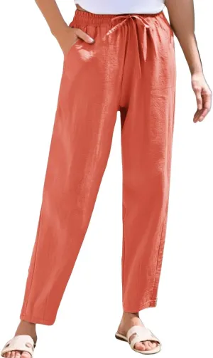 Womens Linen Pants with Pockets Summer 2025 Cropped Cotton Linen Pants Drawstring Petite Casual Beach Summer Pants