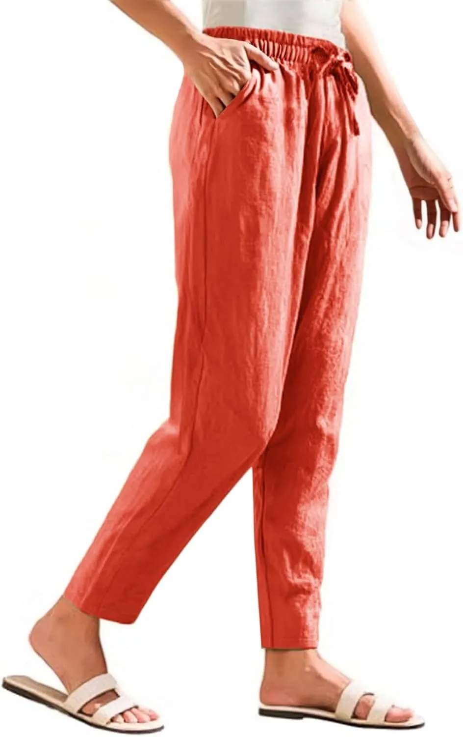 Womens Linen Pants with Pockets Summer 2025 Cropped Cotton Linen Pants Drawstring Petite Casual Beach Summer Pants