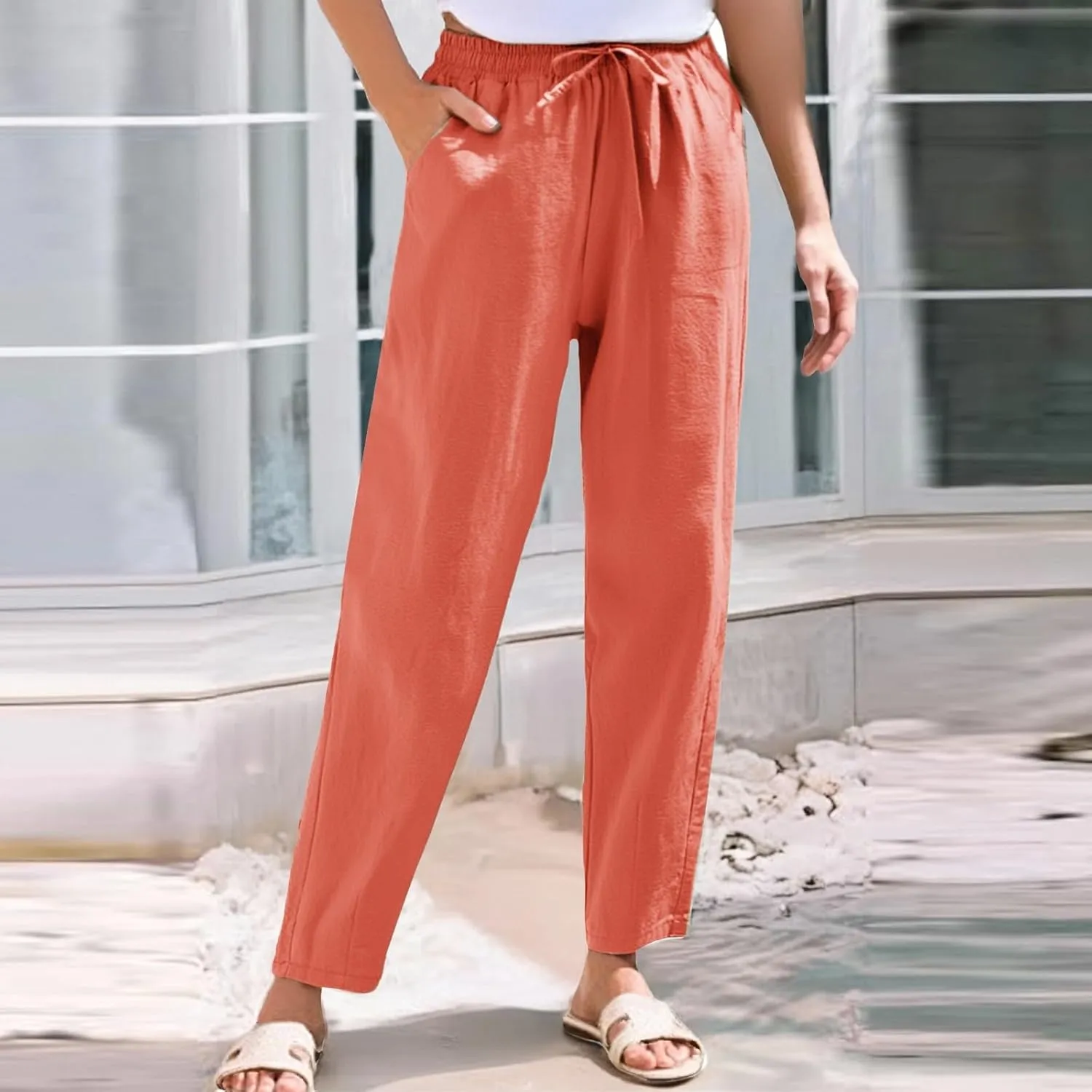 Womens Linen Pants with Pockets Summer 2025 Cropped Cotton Linen Pants Drawstring Petite Casual Beach Summer Pants