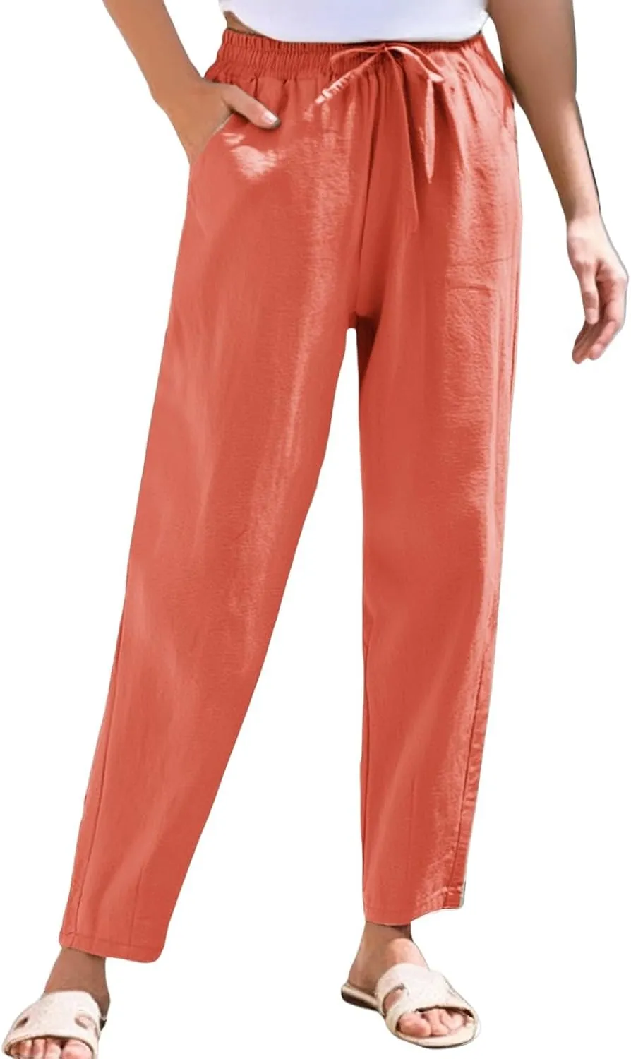 Womens Linen Pants with Pockets Summer 2025 Cropped Cotton Linen Pants Drawstring Petite Casual Beach Summer Pants