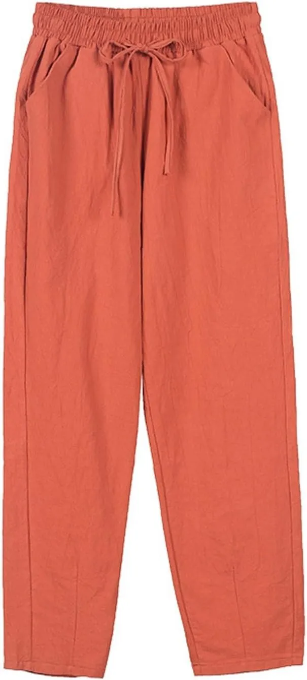 Womens Linen Pants with Pockets Summer 2025 Cropped Cotton Linen Pants Drawstring Petite Casual Beach Summer Pants