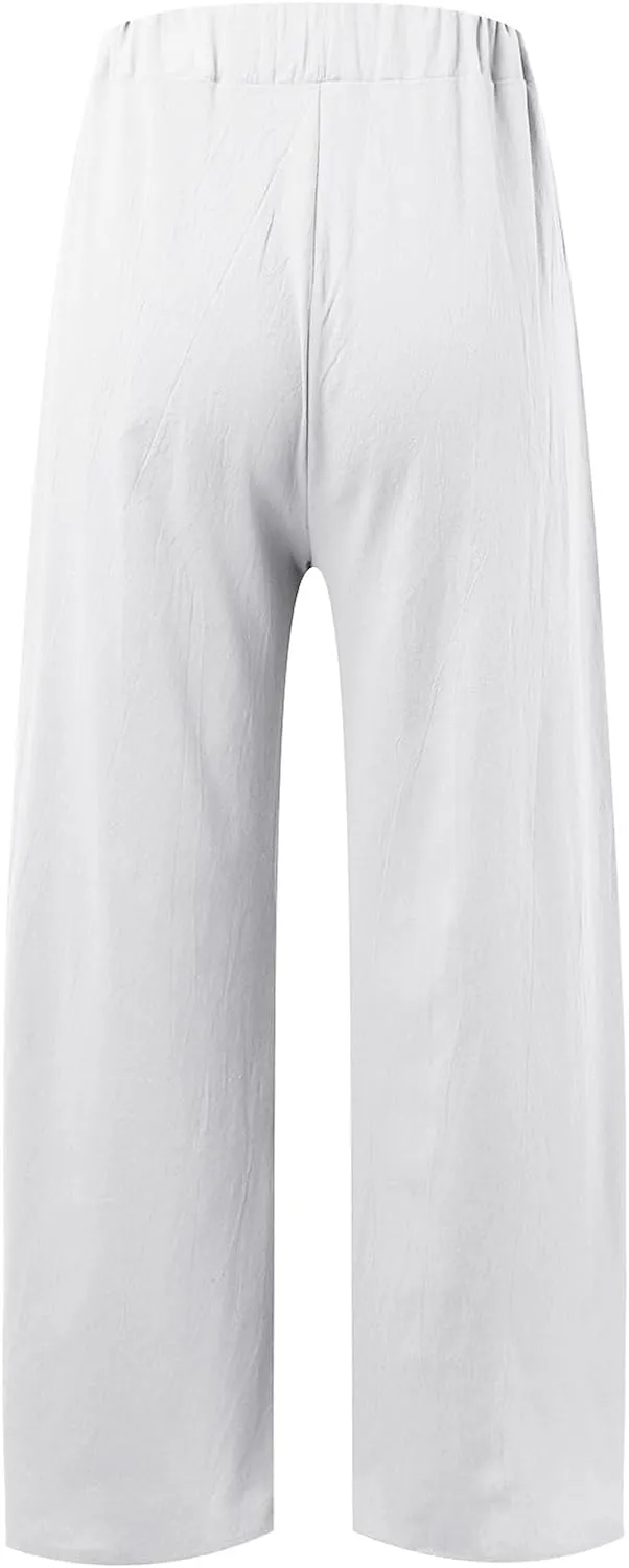 Womens Linen Summer Casual Palazzo Pants Elastic Waisted Baggy Stretchy Loose Fit Trouser Travel