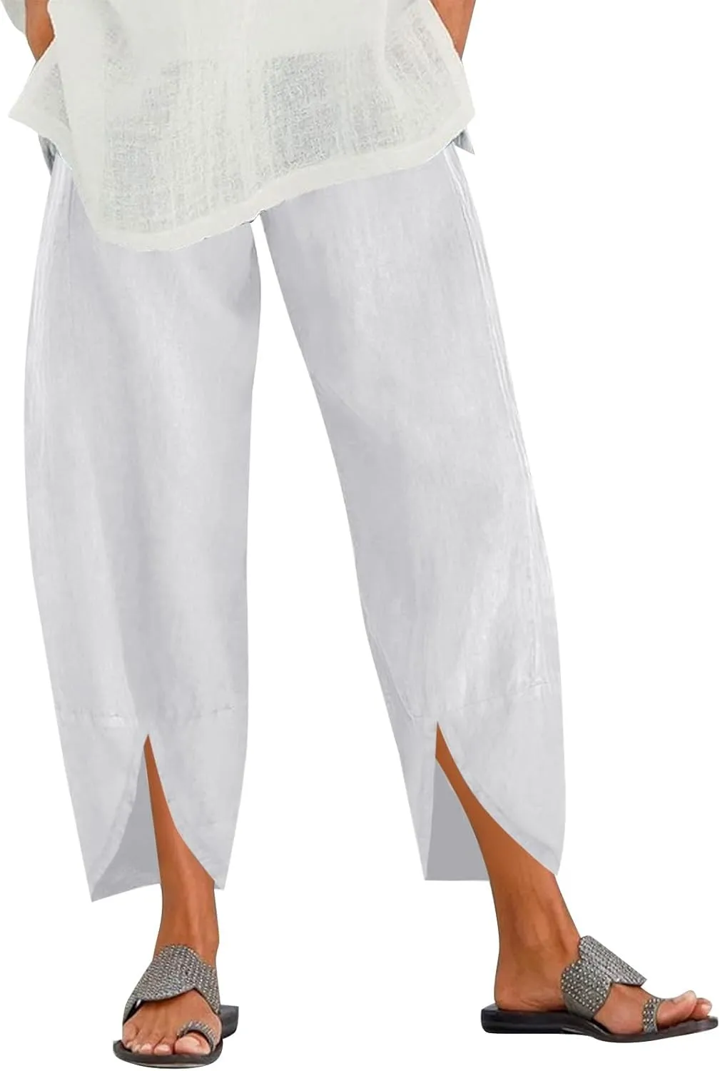 Womens Linen Summer Casual Palazzo Pants Elastic Waisted Baggy Stretchy Loose Fit Trouser Travel