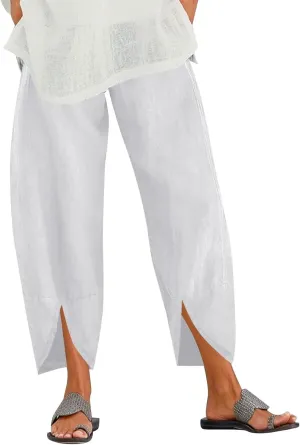 Womens Linen Summer Casual Palazzo Pants Elastic Waisted Baggy Stretchy Loose Fit Trouser Travel
