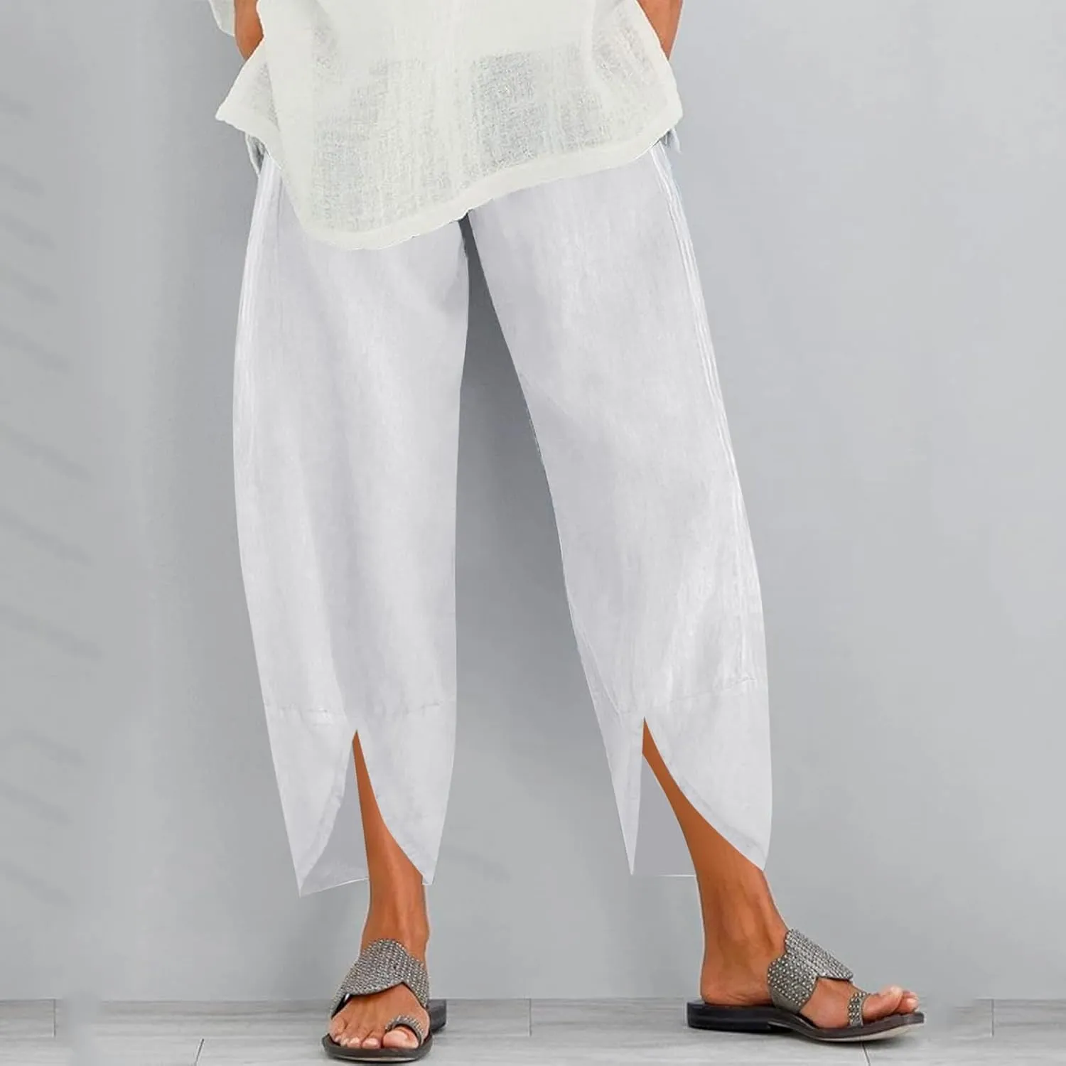 Womens Linen Summer Casual Palazzo Pants Elastic Waisted Baggy Stretchy Loose Fit Trouser Travel