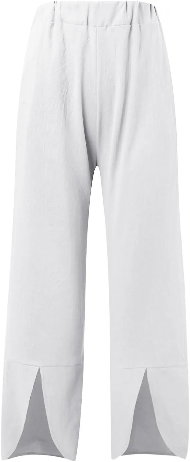 Womens Linen Summer Casual Palazzo Pants Elastic Waisted Baggy Stretchy Loose Fit Trouser Travel