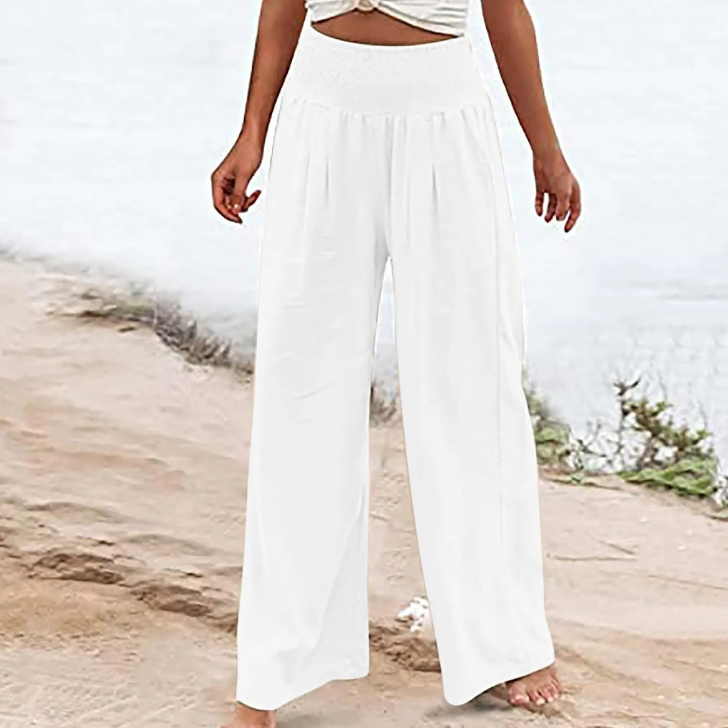 Womens Linen Summer Casual Pants Low Waist Wide Leg Slim Fit Palazzo Pants Trendy