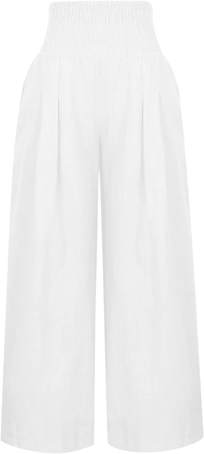 Womens Linen Summer Casual Pants Low Waist Wide Leg Slim Fit Palazzo Pants Trendy