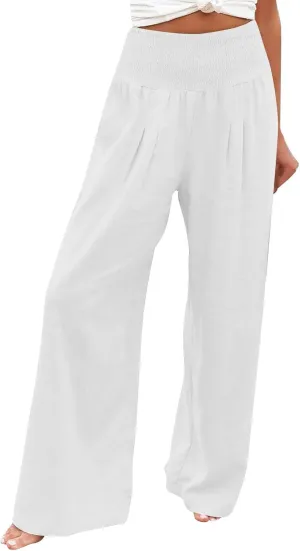 Womens Linen Summer Casual Pants Low Waist Wide Leg Slim Fit Palazzo Pants Trendy