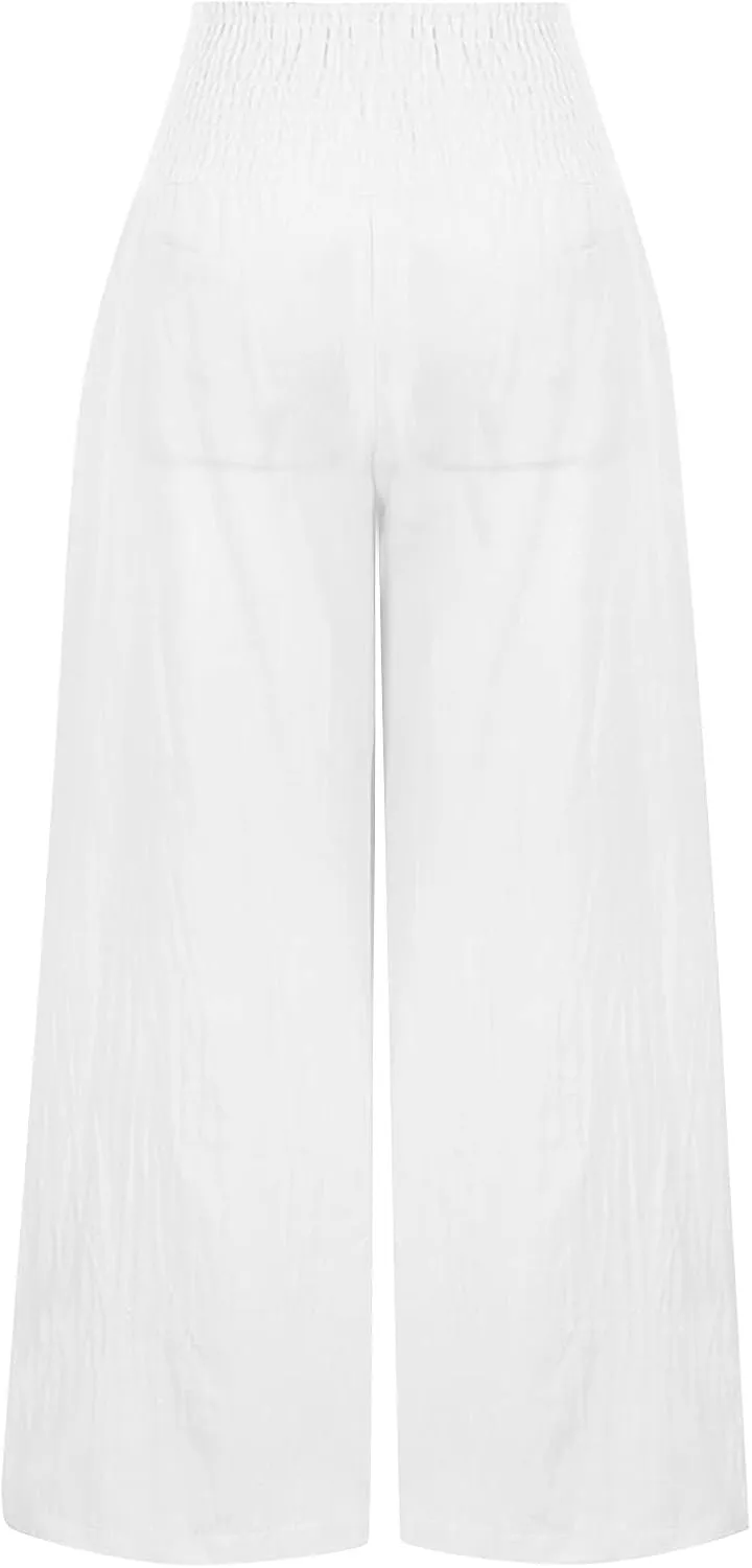 Womens Linen Summer Casual Pants Low Waist Wide Leg Slim Fit Palazzo Pants Trendy