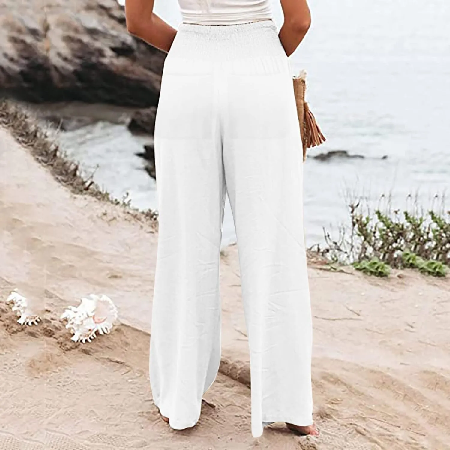 Womens Linen Summer Casual Pants Low Waist Wide Leg Slim Fit Palazzo Pants Trendy