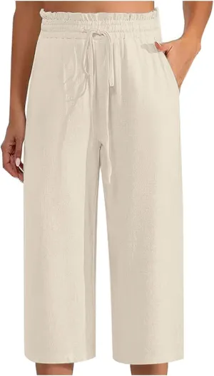 Womens Linen Summer Cropped Palazzo Pants Elastic Waist Lounge Pants Plus Size Pant Trousers Business Work