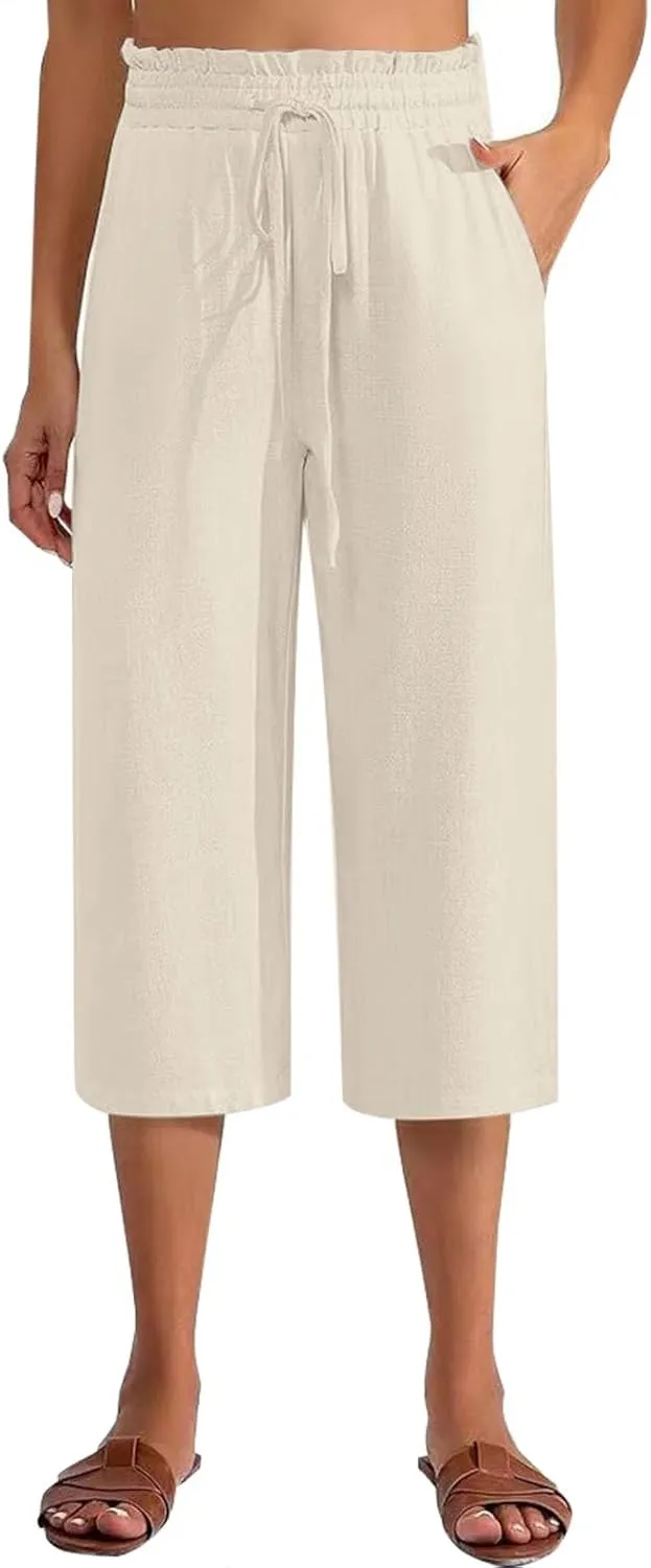 Womens Linen Summer Cropped Palazzo Pants Elastic Waist Lounge Pants Plus Size Pant Trousers Business Work