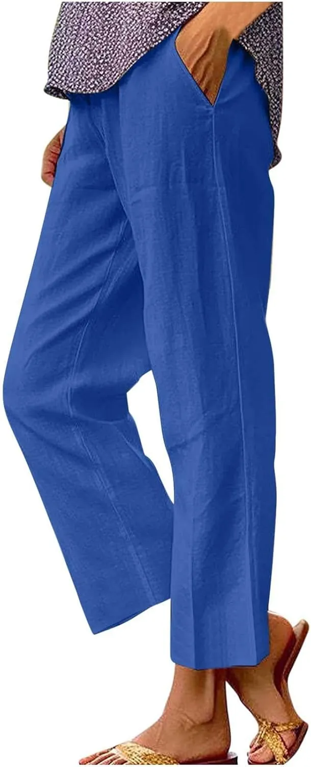 Womens Linen Summer Drawstring Palazzo Pants High Waist Bootcut Loose Fit Pant Trousers Work Business