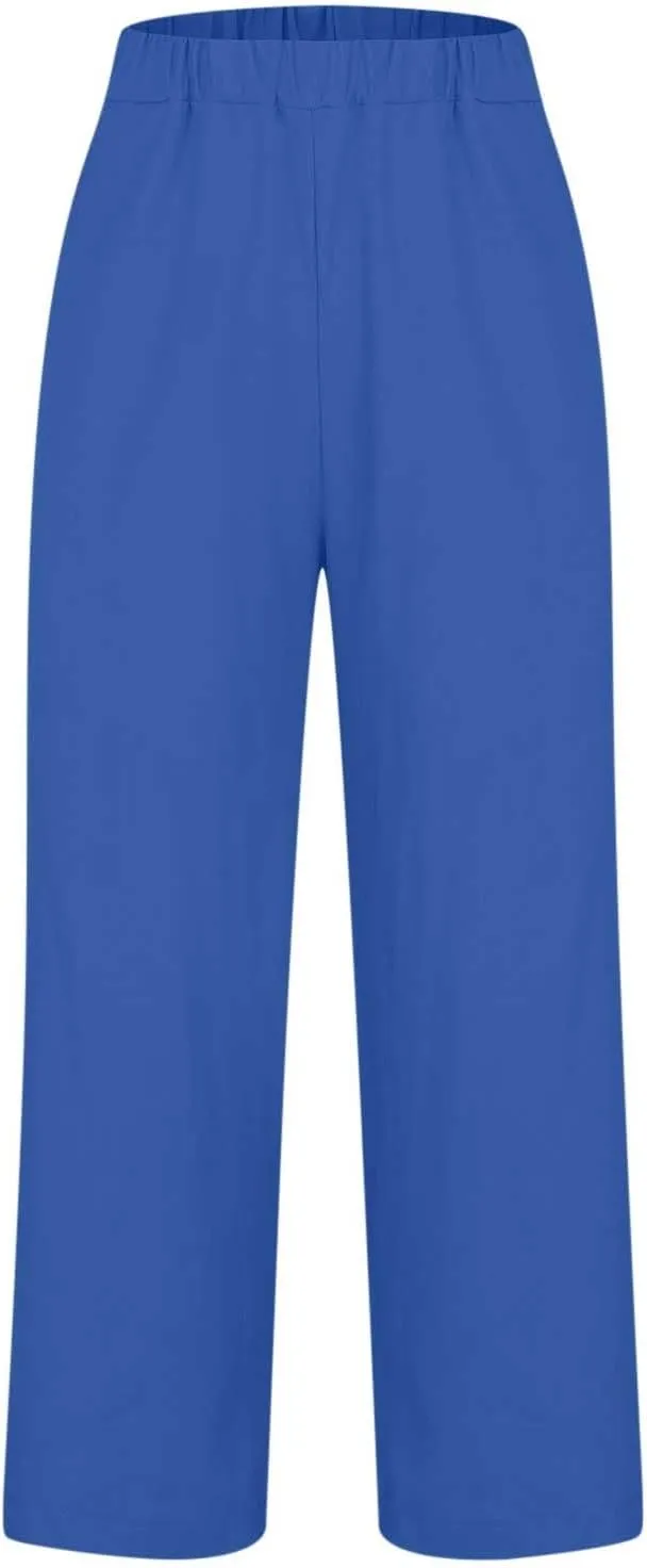 Womens Linen Summer Drawstring Palazzo Pants High Waist Bootcut Loose Fit Pant Trousers Work Business
