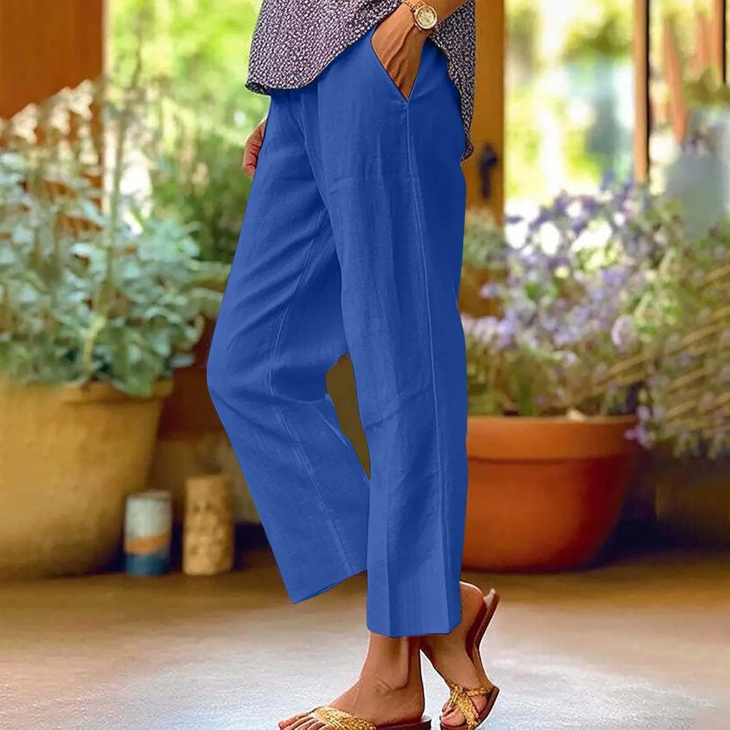 Womens Linen Summer Drawstring Palazzo Pants High Waist Bootcut Loose Fit Pant Trousers Work Business