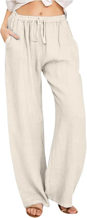 Women's Linen Summer Drawstring Pants High Waist Wide Leg Plus Size Trousers Travel