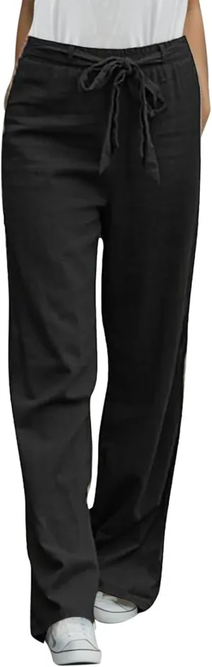 Women's Linen Summer Letter Patched Palazzo Pants High Waist Wide Leg Loose Fit Palazzo Lounge Pants Vacation