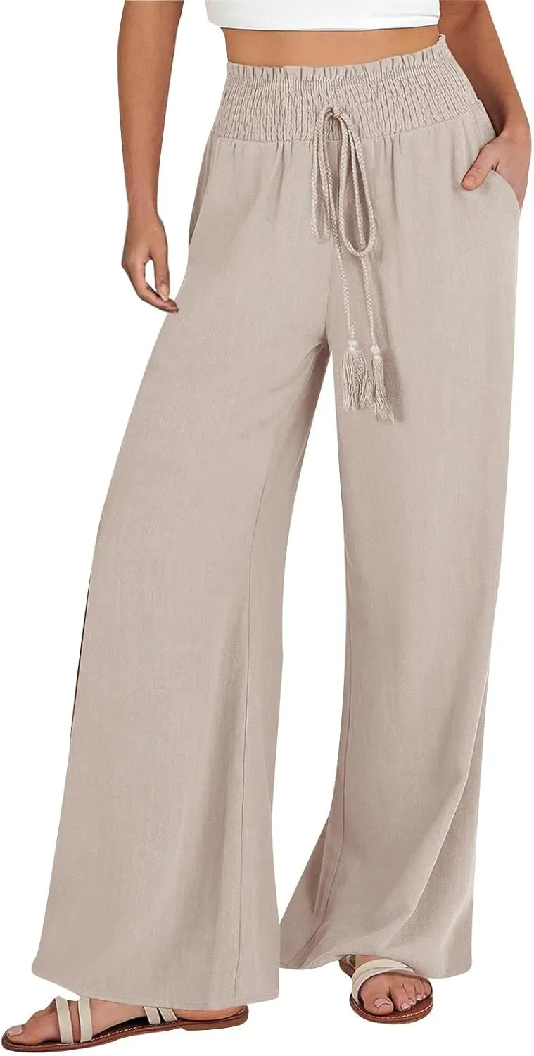 Womens Linen Summer Loose Pant Trousers High Waist Straight Slim Fit Palazzo Lounge Pants Vacation