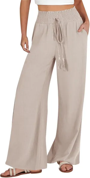 Womens Linen Summer Loose Pant Trousers High Waist Straight Slim Fit Palazzo Lounge Pants Vacation