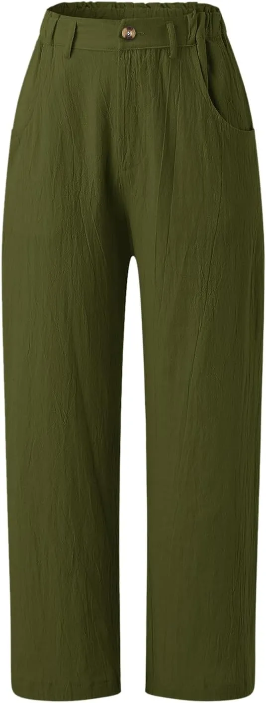 Women's Linen Summer Loose Pant Trousers High Waist Wide Leg Slim Fit Pants Beach