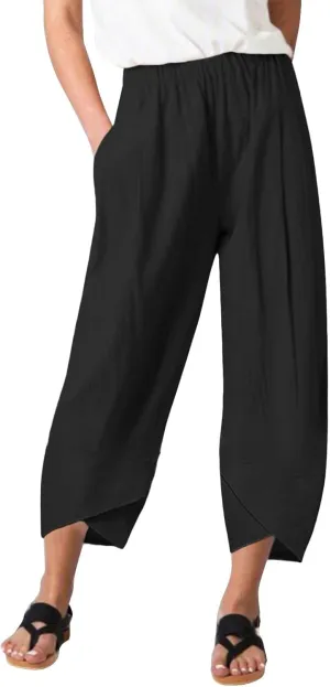 Women's Linen Summer Printed Palazzo Pants Elastic Waisted Wide Leg Slim Fit Pant Trousers Business Work