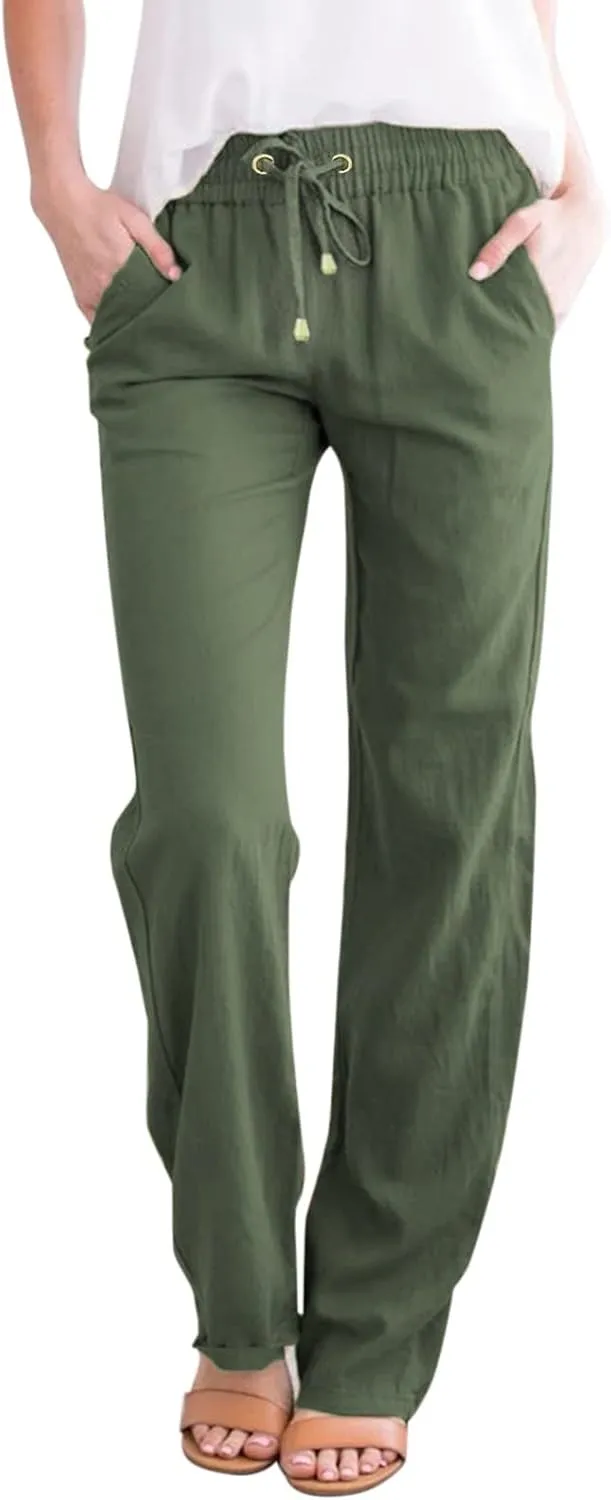 Women's Linen Summer Solid Palazzo Lounge Pants Low Waist Straight Slim-Fit Palazzo Lounge Pants Business Work