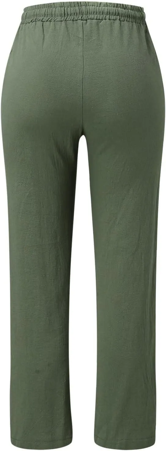 Women's Linen Summer Solid Palazzo Lounge Pants Low Waist Straight Slim-Fit Palazzo Lounge Pants Business Work