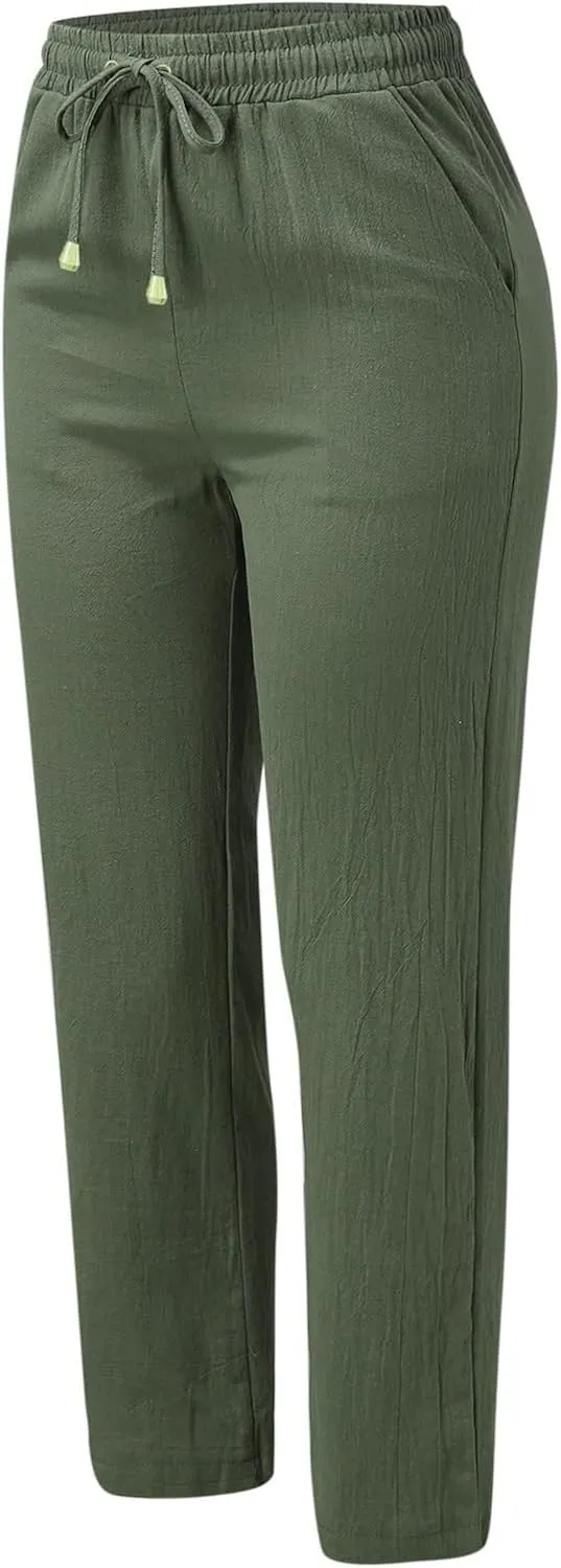 Women's Linen Summer Solid Palazzo Lounge Pants Low Waist Straight Slim-Fit Palazzo Lounge Pants Business Work
