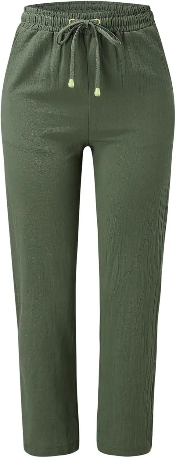 Women's Linen Summer Solid Palazzo Lounge Pants Low Waist Straight Slim-Fit Palazzo Lounge Pants Business Work