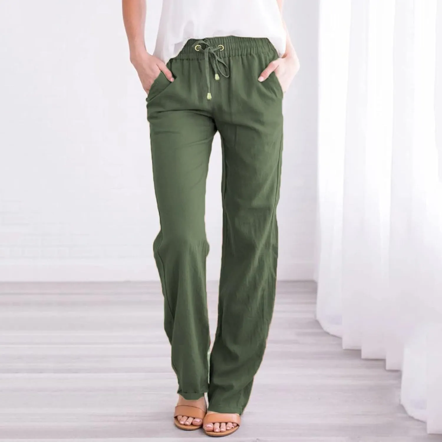 Women's Linen Summer Solid Palazzo Lounge Pants Low Waist Straight Slim-Fit Palazzo Lounge Pants Business Work