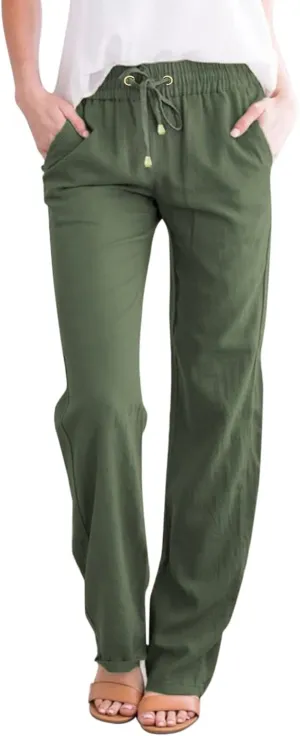 Women's Linen Summer Solid Palazzo Lounge Pants Low Waist Straight Slim-Fit Palazzo Lounge Pants Business Work