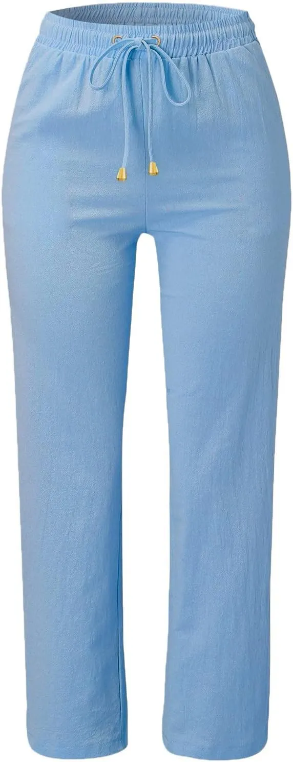 Women's Linen Summer Y2K Fashion Palazzo Pants Elastic Waisted Straight Plus Size Trouser Vacation