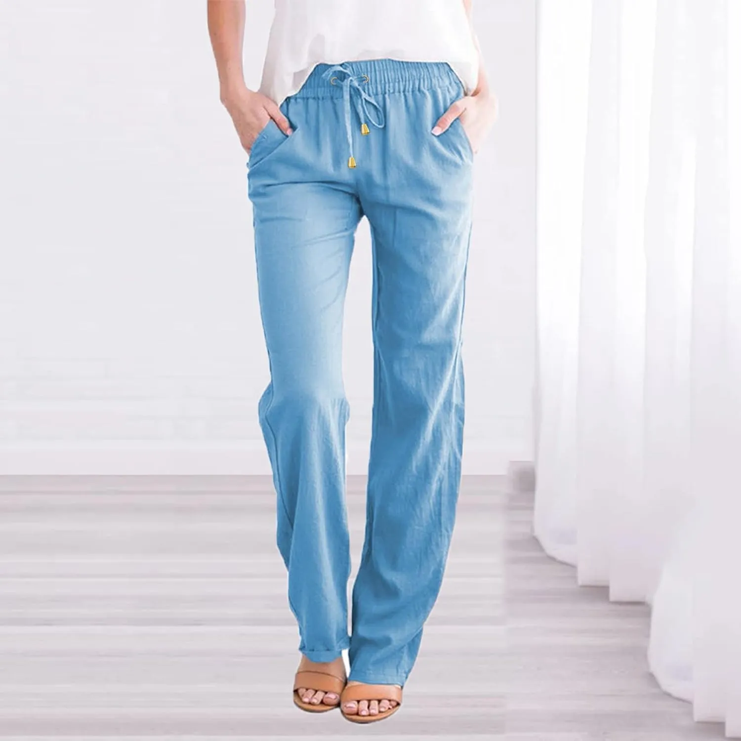 Women's Linen Summer Y2K Fashion Palazzo Pants Elastic Waisted Straight Plus Size Trouser Vacation