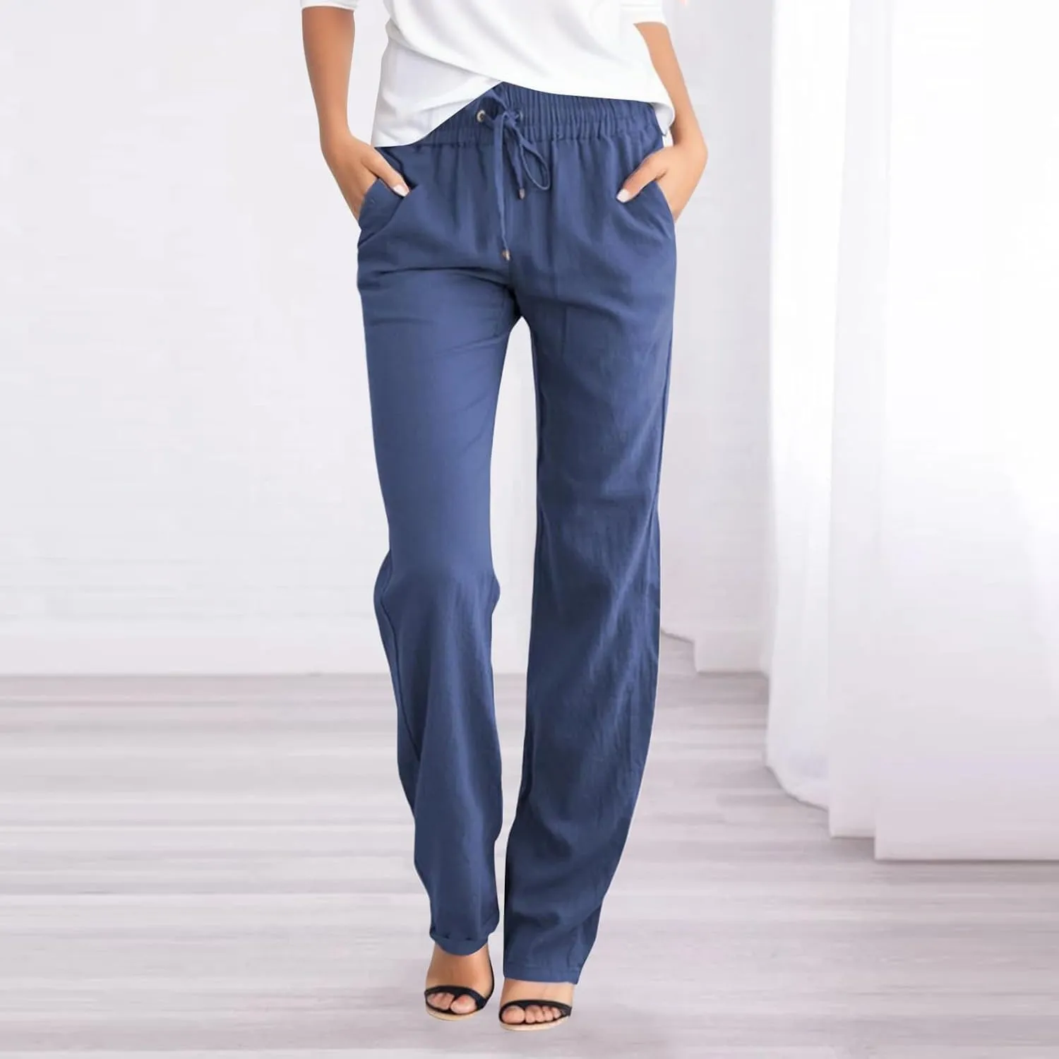 Women's Linen Summer Y2K Fashion Pants Elastic Waisted Ankle Length Slim Fit Trousers Beach