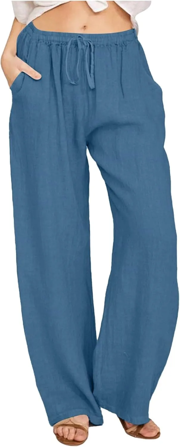 Women's Linen Summer Y2K Streetwear Pants Elastic Waisted Wide Leg Loose Fit Palazzo Pants Office