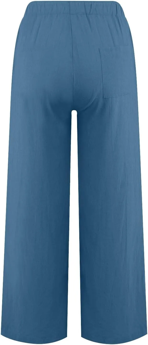 Women's Linen Summer Y2K Streetwear Pants Elastic Waisted Wide Leg Loose Fit Palazzo Pants Office