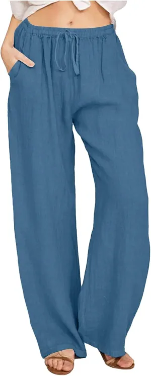 Women's Linen Summer Y2K Streetwear Pants Elastic Waisted Wide Leg Loose Fit Palazzo Pants Office