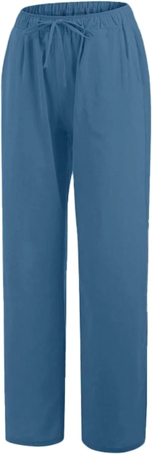 Women's Linen Summer Y2K Streetwear Pants Elastic Waisted Wide Leg Loose Fit Palazzo Pants Office