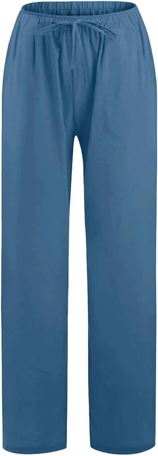 Women's Linen Summer Y2K Streetwear Pants Elastic Waisted Wide Leg Loose Fit Palazzo Pants Office