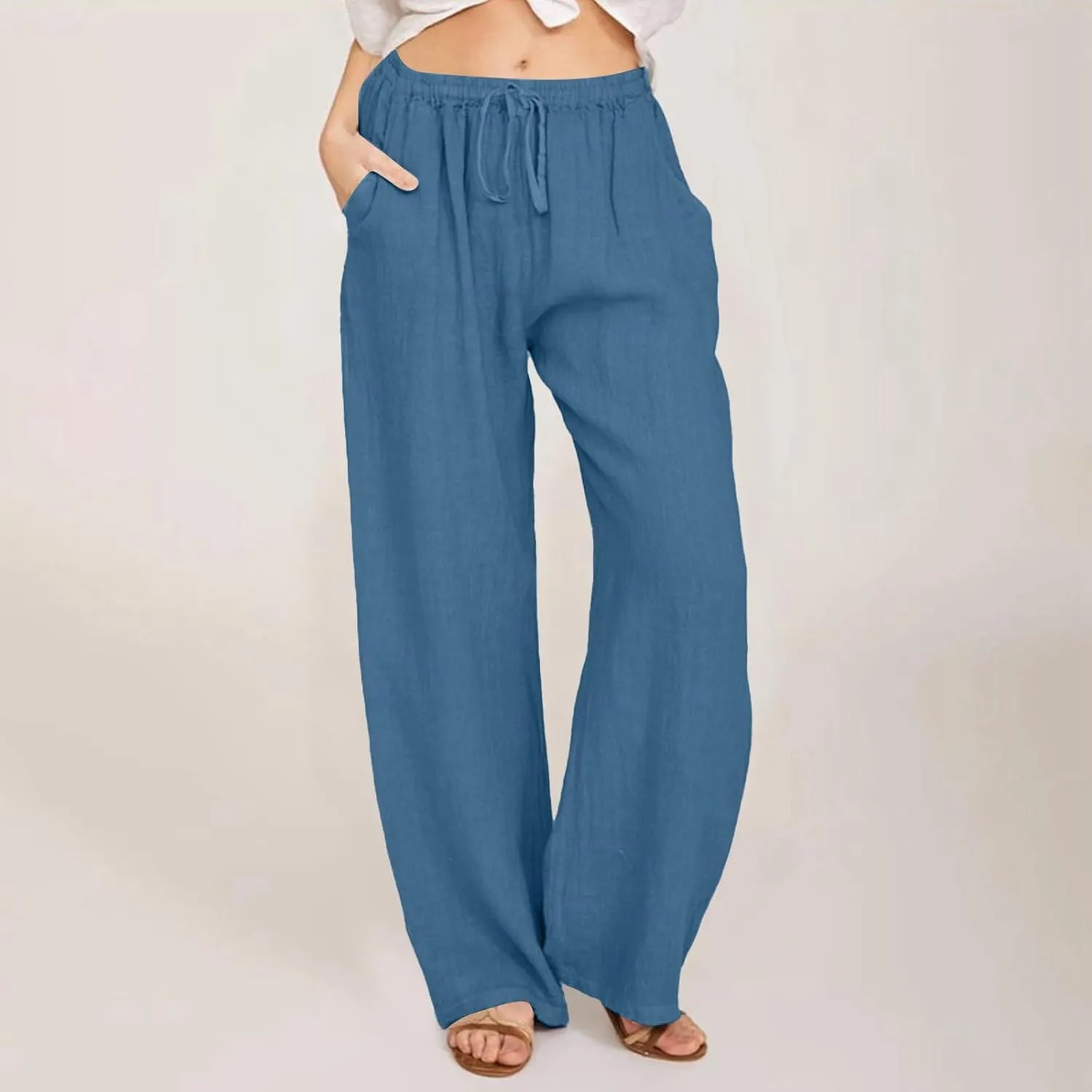 Women's Linen Summer Y2K Streetwear Pants Elastic Waisted Wide Leg Loose Fit Palazzo Pants Office
