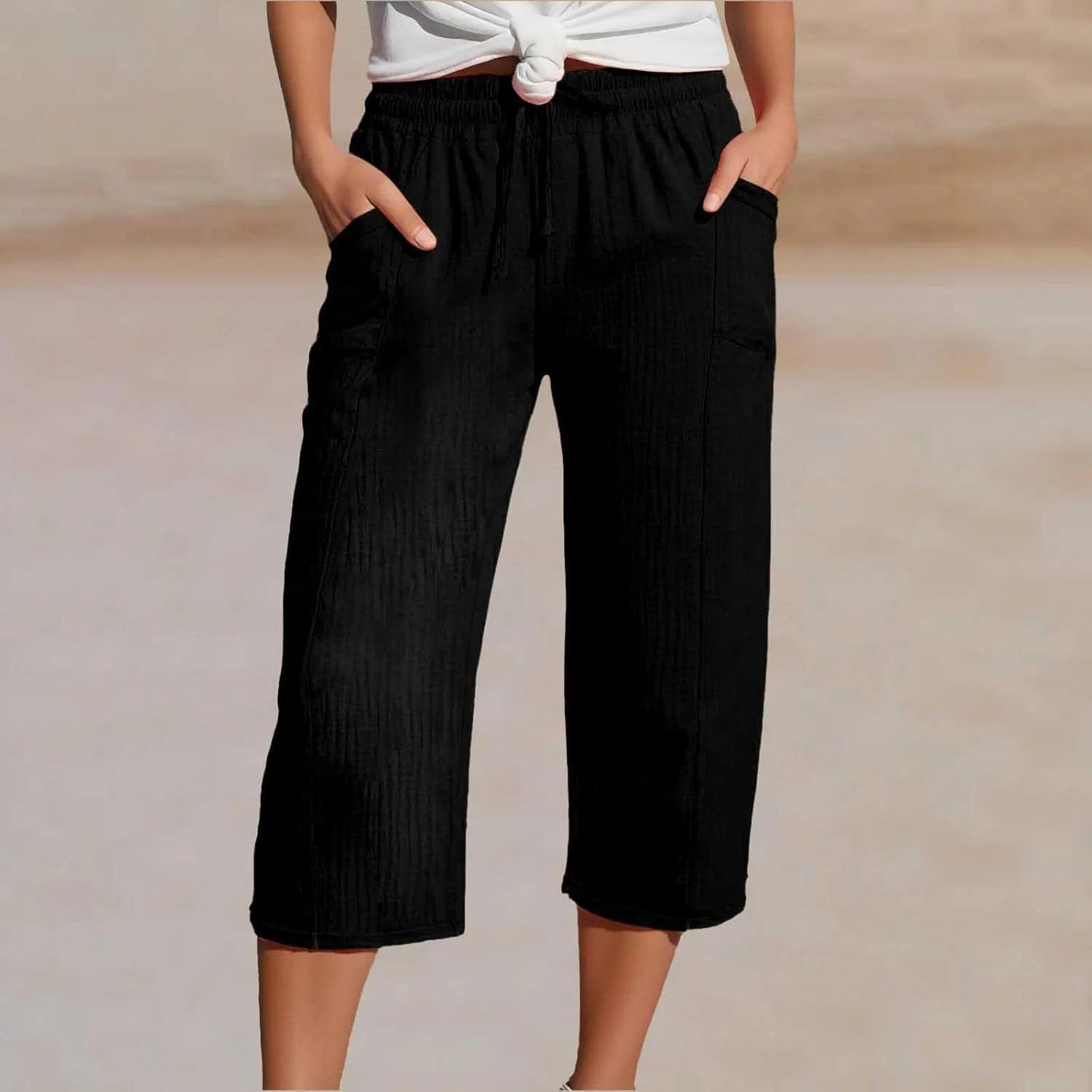 Womens Linen Wide Leg Capri Pants Casual High Waisted Pants Loose Lightweight Beach Harem Pant Summer Vacation Trouser