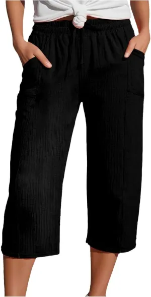 Womens Linen Wide Leg Capri Pants Casual High Waisted Pants Loose Lightweight Beach Harem Pant Summer Vacation Trouser