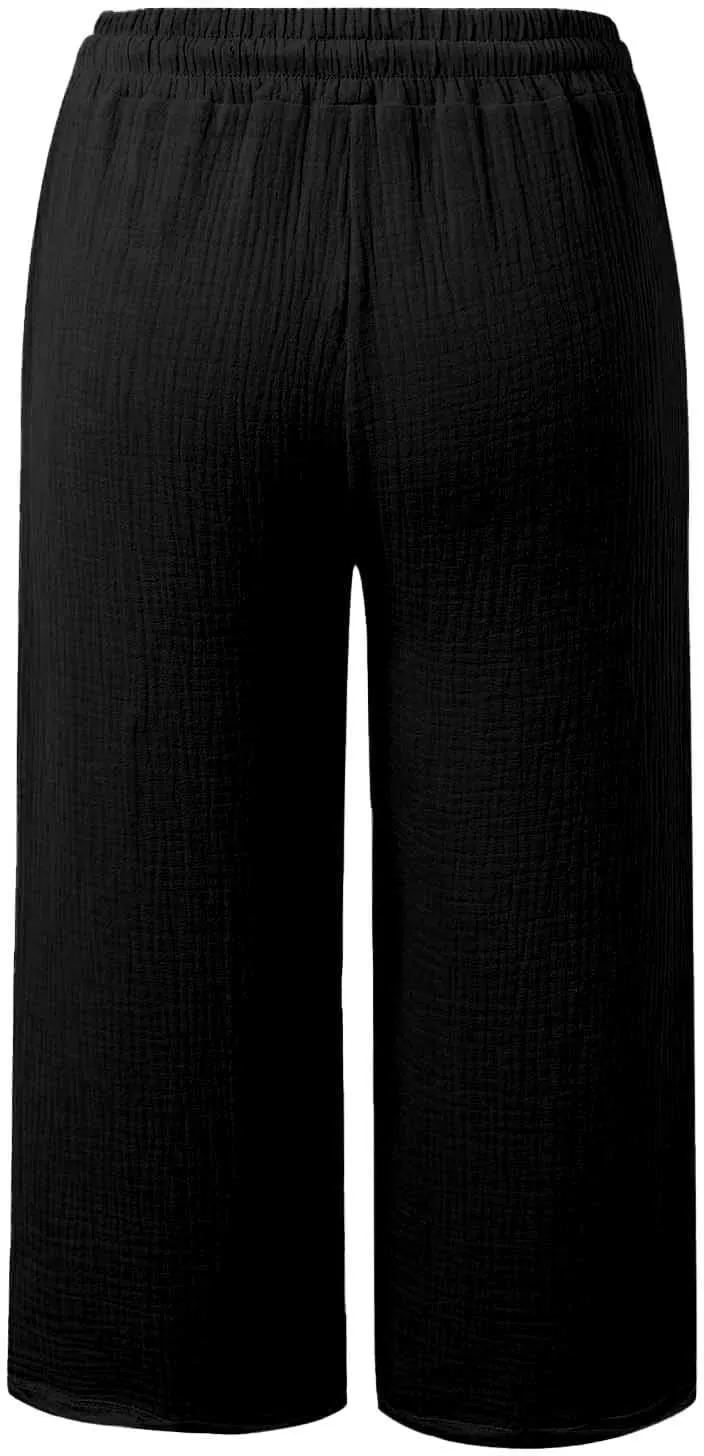Womens Linen Wide Leg Capri Pants Casual High Waisted Pants Loose Lightweight Beach Harem Pant Summer Vacation Trouser