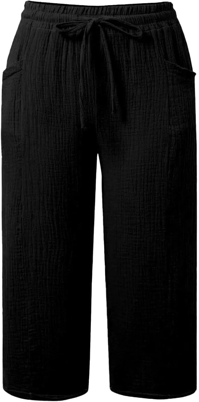 Womens Linen Wide Leg Capri Pants Casual High Waisted Pants Loose Lightweight Beach Harem Pant Summer Vacation Trouser