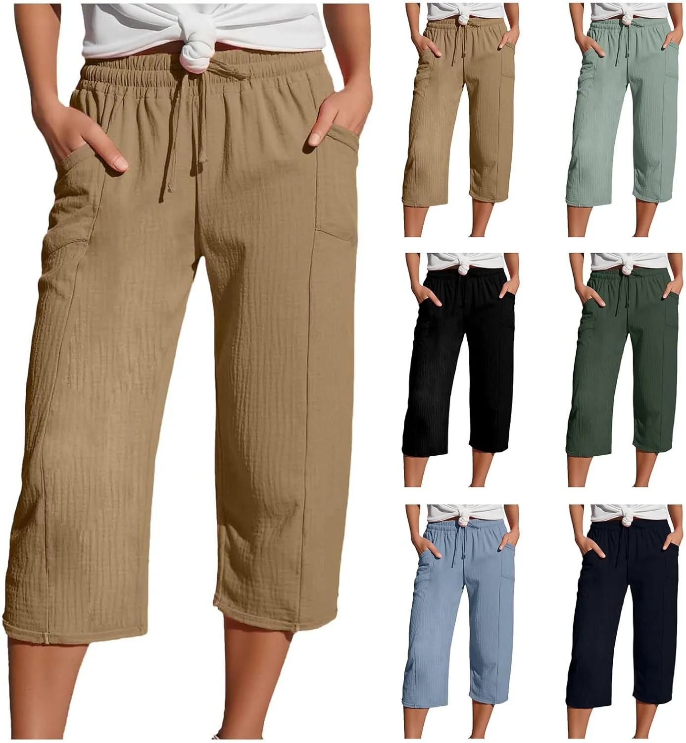 Womens Linen Wide Leg Capri Pants Casual High Waisted Pants Loose Lightweight Beach Harem Pant Summer Vacation Trouser